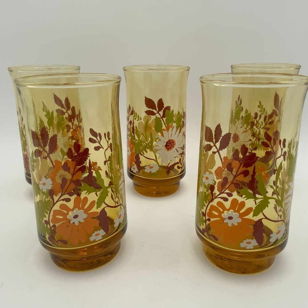 Set of 5 Vintage Libbey Daisy Amber Floral 10oz Glasses 5¼" Tall 1970's - Picture 5 of 6